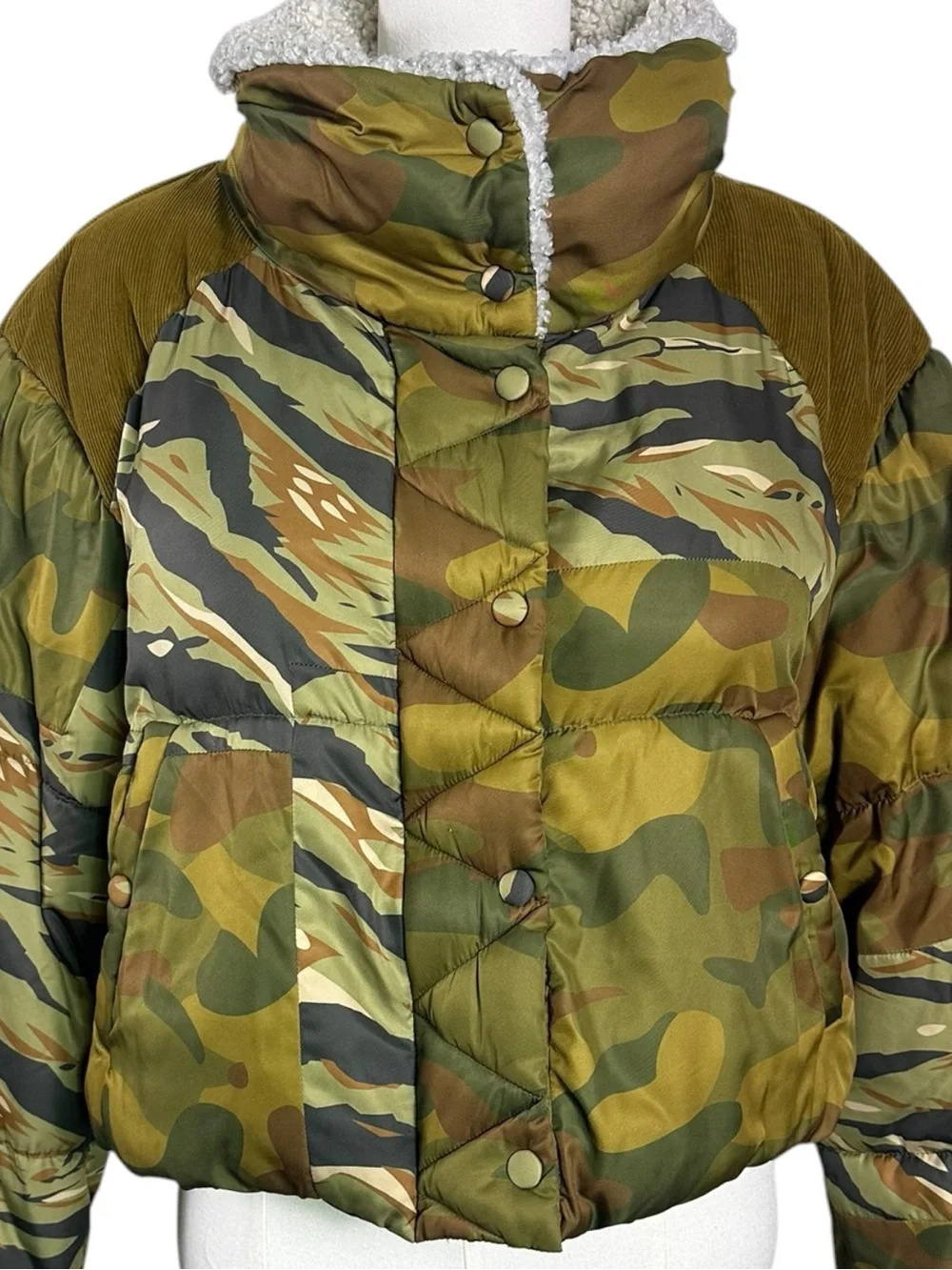 Free People Bohemian Patchwork Camo Cordury West Coast Puffer Jacket Size Large